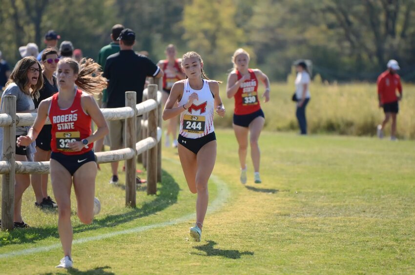 Montgomery County graduate Lyric Ford approaches the finish line at the Gans Creek Classic while she was a member of the Maryville University cross country team in September. Ford ran cross country and track in her freshman year at Maryville.