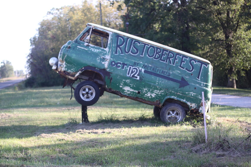 An old van sits on the corner of Picnic Road and Highway 19 in New Florence to promote the upcoming Rustoberfest on Saturday.