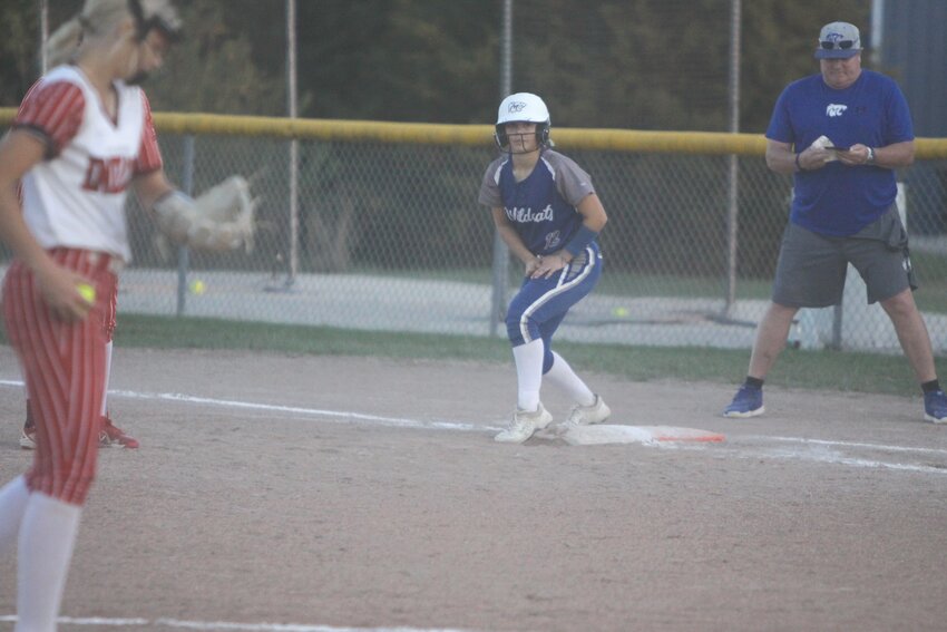 Montgomery County sophomore Anna Klekamp leads off of first base against Elsberry on Oct. 8. She and teammate Sam Turner helped the Wildcats clinch their second straight winning season after playing for a NEMO Hot Shots team that placed second in nationals this summer.