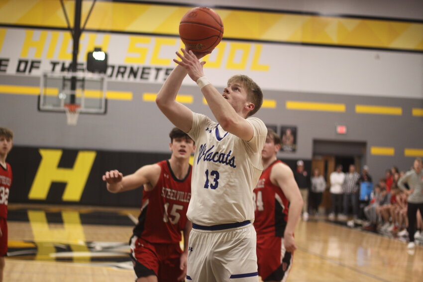 Montgomery County senior Sean Rodgers scores his basket in the fourth quarter against Steelville in a Class 3 sectional game on Monday at Fulton High School. The Wildcats beat Steelville 62-33 to advance to the quarterfinals against Principia on Friday.