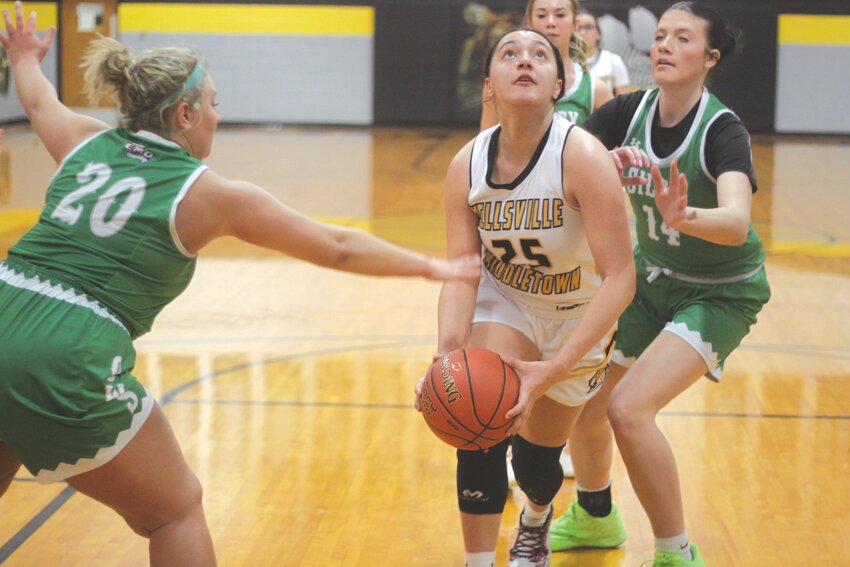 Wellsville-Middletown senior Keigan Hall drives to the basket against Silex on Feb. 17. She finished with 25 points in the 59-46 loss to Community R-6 in a Class 1, District 9 quarterfinal game on Feb. 25.