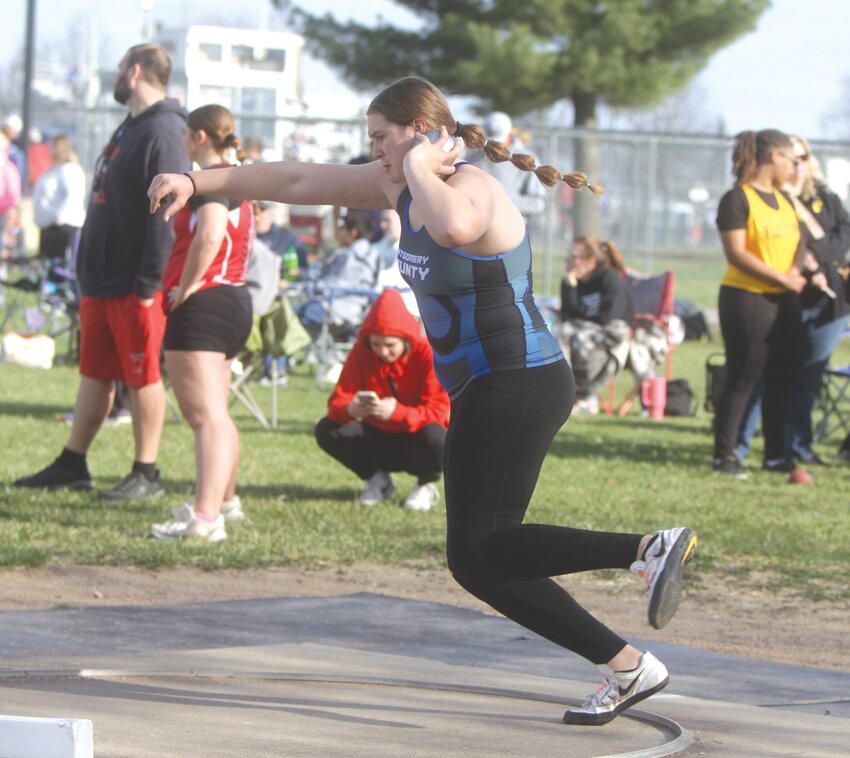 Montgomery County sophomore Samantha Turner competes in the shot put at the Montgomery County Early Invite on March 25. Turner is back this season after turning in a strong freshman year that included a seventh-place finish in the shot put at the Class 3 state meet.