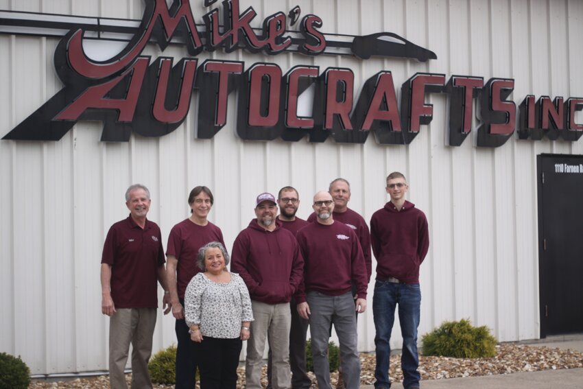 The Mike’s AutoCrafts staff includes, from left, Mike Lichtenberg, David Strube, Ruth Ann O’Keefe, Jace Beattie, Jessie Maylee, Mike Johnson, Tim O’Keefe and Bryson Nichols.