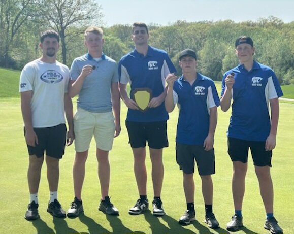 The Montgomery County golf team poses with its Eastern Missouri Conference trophy after winning the conference tournament on Monday at Innsbrook Golf Course. Pictured, from left, are Tatum Wessel, Andrew Moore, Clayton Parker, Karter Reagan and Wyatt March.