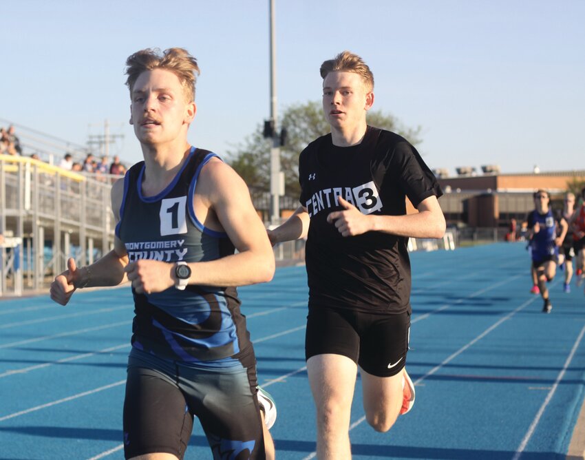 Montgomery County senior Jadrian Thurmon leads the pack in the 800 at the Montgomery County Invitational. Thurmon is enjoying a strong season in the distance events that includes five first-place finishes, including two at the Montgomery County Invitational.