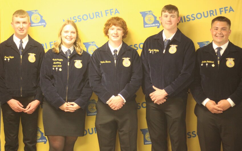 Jonah Happe, Avery Ridgley, Brayden Harris, Garrett Weekley and Landon Pottebaum pose as Montgomery County’s FFA State Degree recipients at the FFA state convention on April 25 in Columbia. Not pictured is Dever Cope, who was also a state degree recipient.
