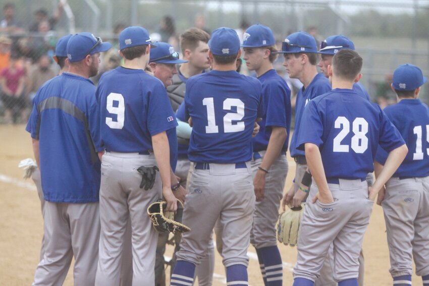The Montgomery County baseball team holds a meeting during its road game against North Callaway on April 24. The Wildcats drew the No. 2 seed in the Class 3, District 7 tournament at South Callaway High School and will play either South Callaway or Missouri Military Academy in the district semifinals on May 19