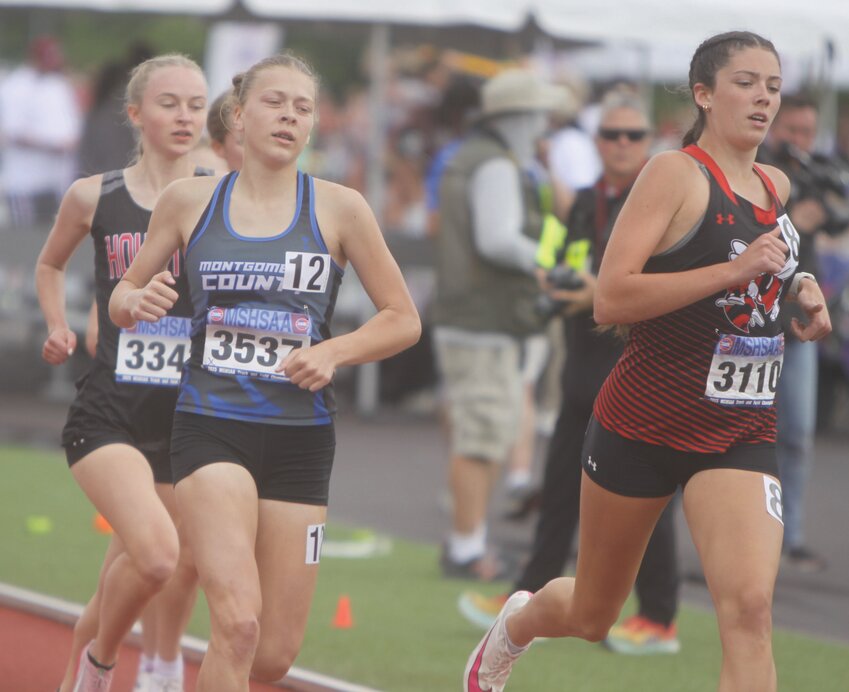 Montgomery County freshman Emma Rodgers, left, completes the first lap of the 800-meter run at the Class 3 state track meet on May 24 in Jefferson City. Rodgers placed eighth in the race to earn her first all-state medal.