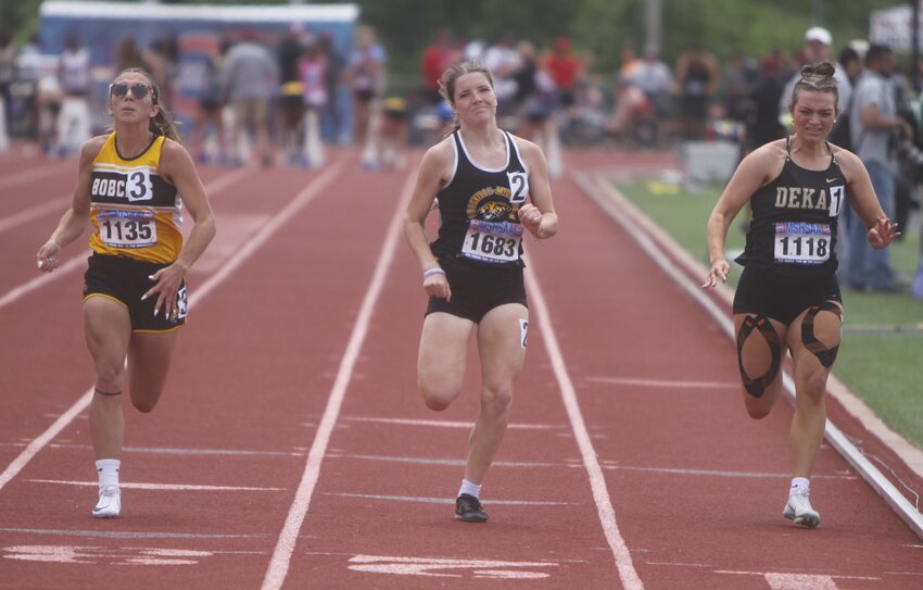 Wellsville-Middletown sophomore Elly Cash, middle, competes in the 100-meter dash finals at the Class 1 state track meet on May 24 at Jefferson City. Cash placed fourth in the 100 and sixth in the 200 for her first all-state medals. On the left is Drexel’s Grace Francis and on the right is DeKalb’s Ava Donaldson.