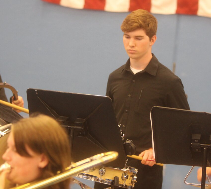 Tyler Hancock plays the snare drum at the Montgomery County R-II Spring Band Concert on May 12. He was the only senior on the R-II band for the 2024-25 school year.