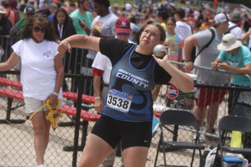 Montgomery County sophomore Samantha Turner competes in the shot put in the Class 3 state track meet on May 24 in Jefferson City. Turner placed third in that event as well as second in the discus.
