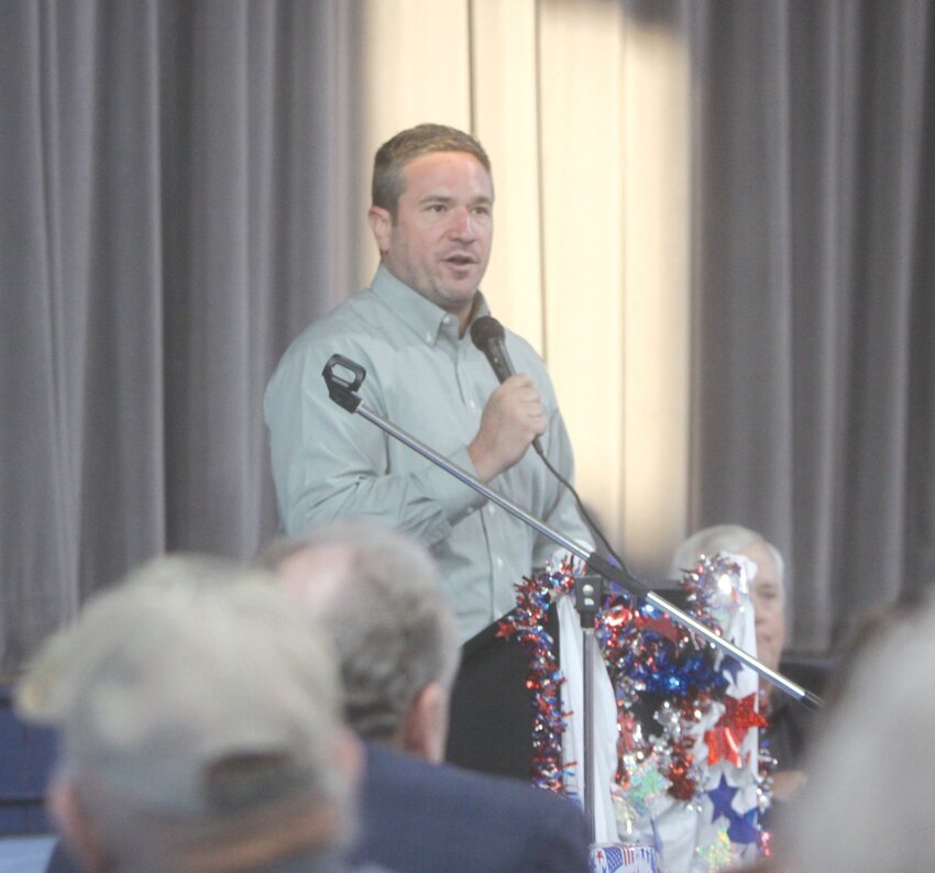 Missouri Attorney General and Rhineland resident Andrew Bailey talks to the audience at the Lincoln Day Banquet on June 6 at the Knights of Columbus Hall in Montgomery City.