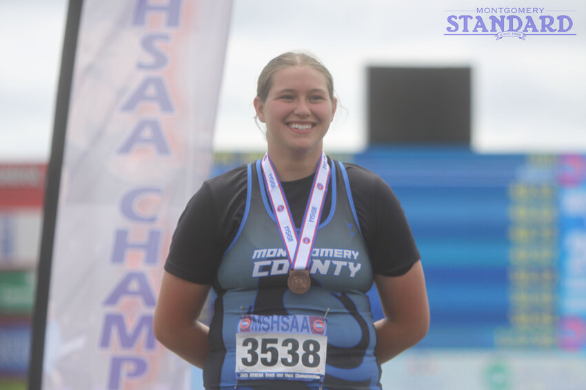 Montgomery County freshman Emma Rodgers, left, completes the first lap of the 800-meter run at the Class 3 state track meet on May 24 in Jefferson City. Rodgers placed eighth in the race to earn her first all-state medal.