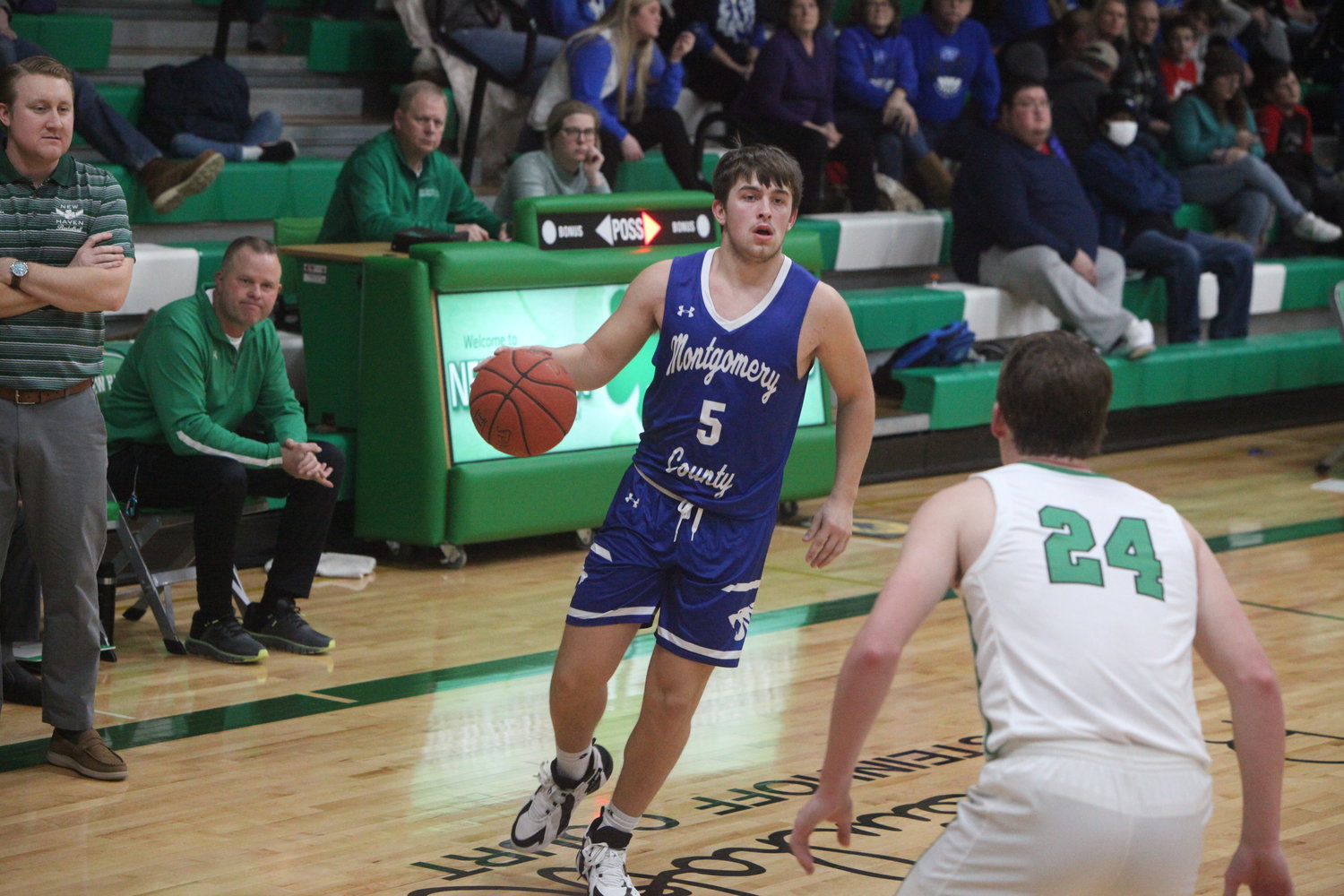 Montgomery County senior Drake Smith dribbles the ball against the New Haven Shamrocks on Jan. 7. Smith returns to the Wildcats this winter after turning in a strong junior season that included all-conference and all-district awards.