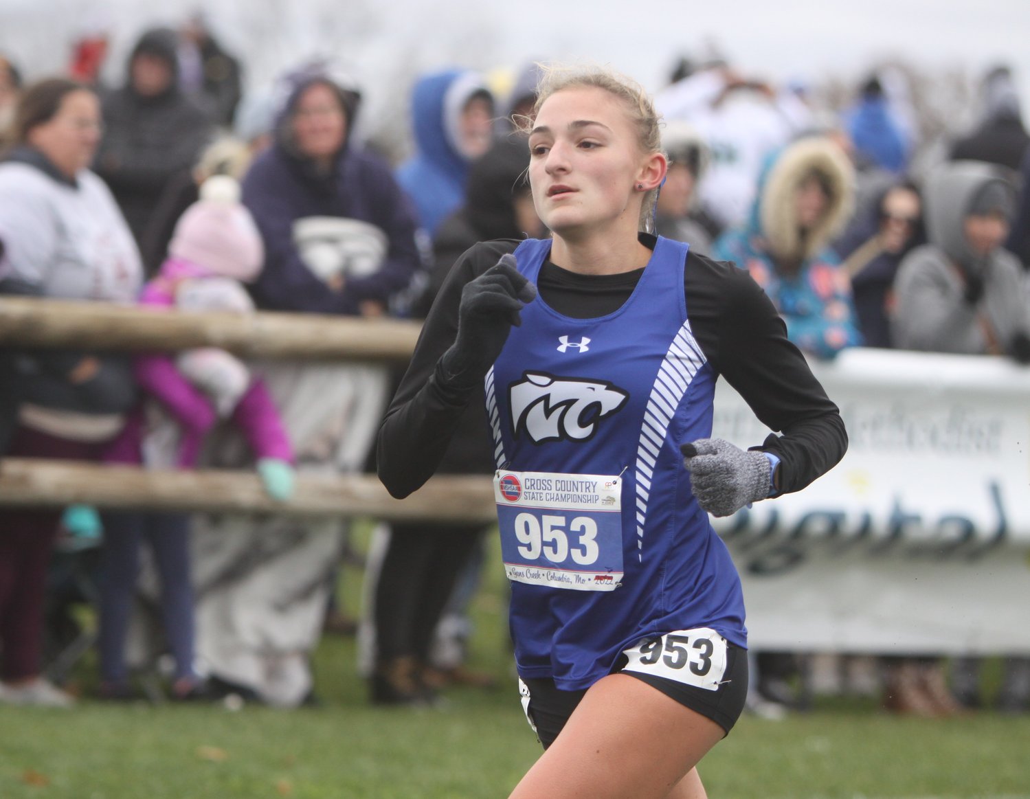 Montgomery County senior Lyric Ford approaches the finish line at the Class 3 girls state cross country meet on Nov. 5 at Gans Creek Course in Columbia. She finished fourth with a 19:06, earning her fourth all-state medal.