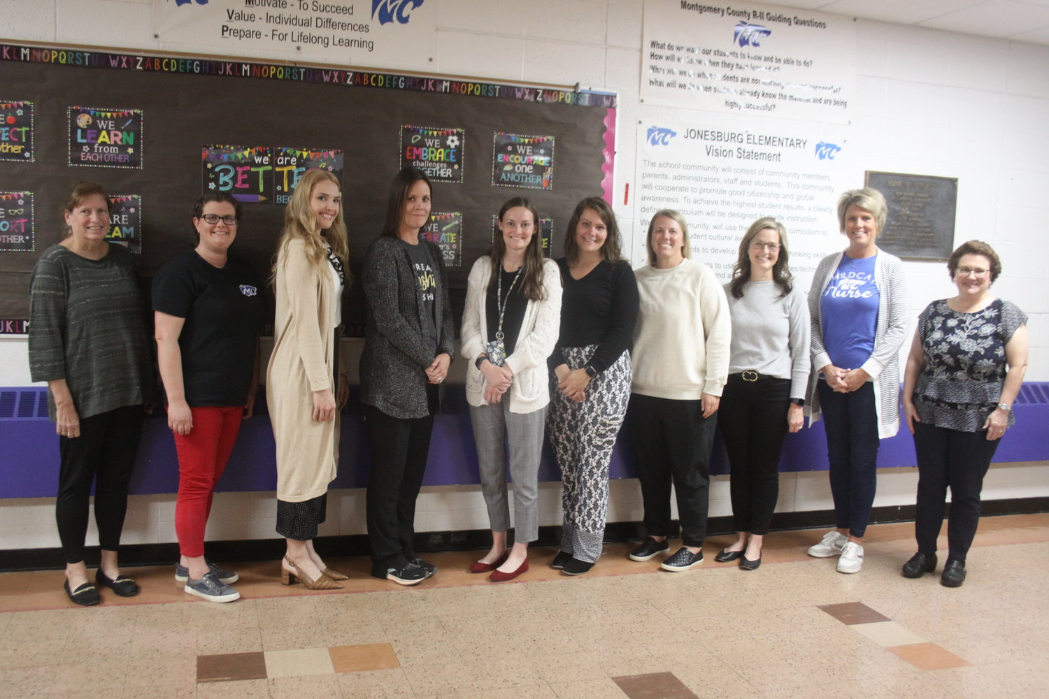 The Montgomery County R-II School District awarded mini grants to 13 teachers this year. Pictured, from left, are Tina Harms, Jeanette Ventimigilia, Eva Rasey, Jessica Frederick, Sheridan Temperly, Alayna Parmalee, Audra Heimer, Laura Yelton, Carla Parker and Stacy Godsil.