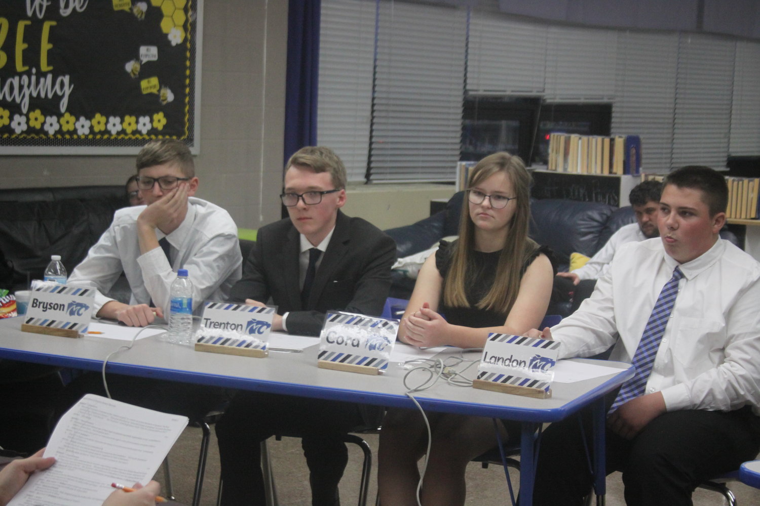 The Montgomery County Scholar Bowl team of Bryson Nichols, Trenton Moose, Cora Johnson and Landon Pottebaum listens to a question during a match against Van-Far on Jan. 10. MCHS defeated both Van-Far and Wright City.