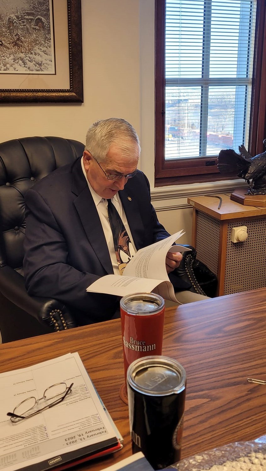 State Rep. Bruce Sassmann reads the letters he received from Montgomery County High School students regarding the four-day school week issue in Missouri.