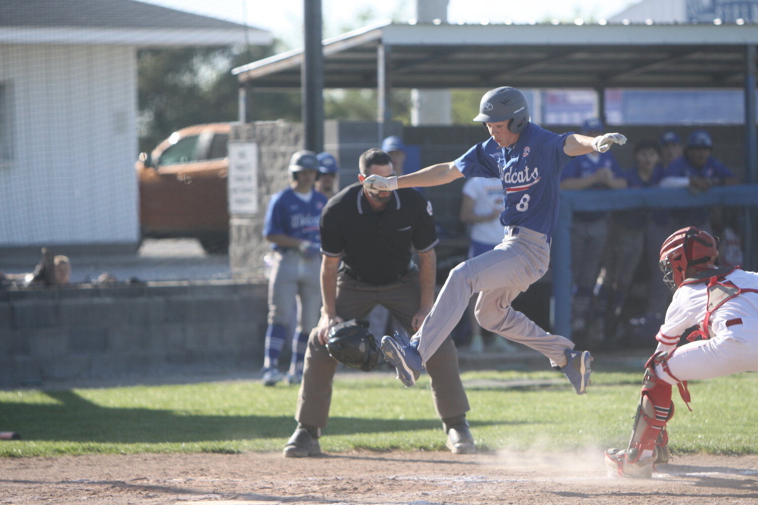 Montgomery County sophomore Jacob Hogue attempts to score in the bottom of the second against Elsberry on May 5 in an Eastern Missouri Conference game. Hogue and the Wildcats won 11-8.