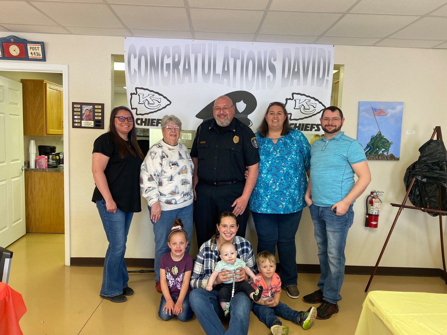David Turner poses with his family during a staff and family luncheon. Turner retired as chief of the Montgomery City Police Department. Pictured are, front row from left, Gracie Dove (granddaughter), Samantha Turner (daughter), Emmett Turner (grandson) and Coltin Turner (grandson). Back row are Kimberlee Dove (daughter), Linda Turner (mother), David Turner, Lisa Turner (wife) and Kenneth Turner (son).
