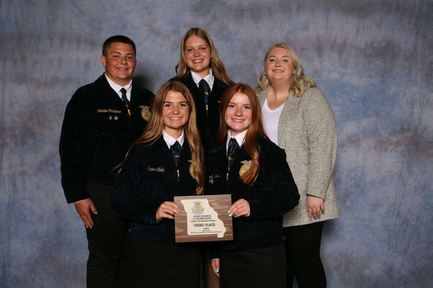 The Montgomery County FFA chapter placed third in the food science career development event at the Missouri FFA Convention in April in Columbia. Pictured are, front row from left, Gracie Cobb and Ava Rakers. Back row are Landon Pottebaum, Avery Ridgley and adviser Reagan Limback.