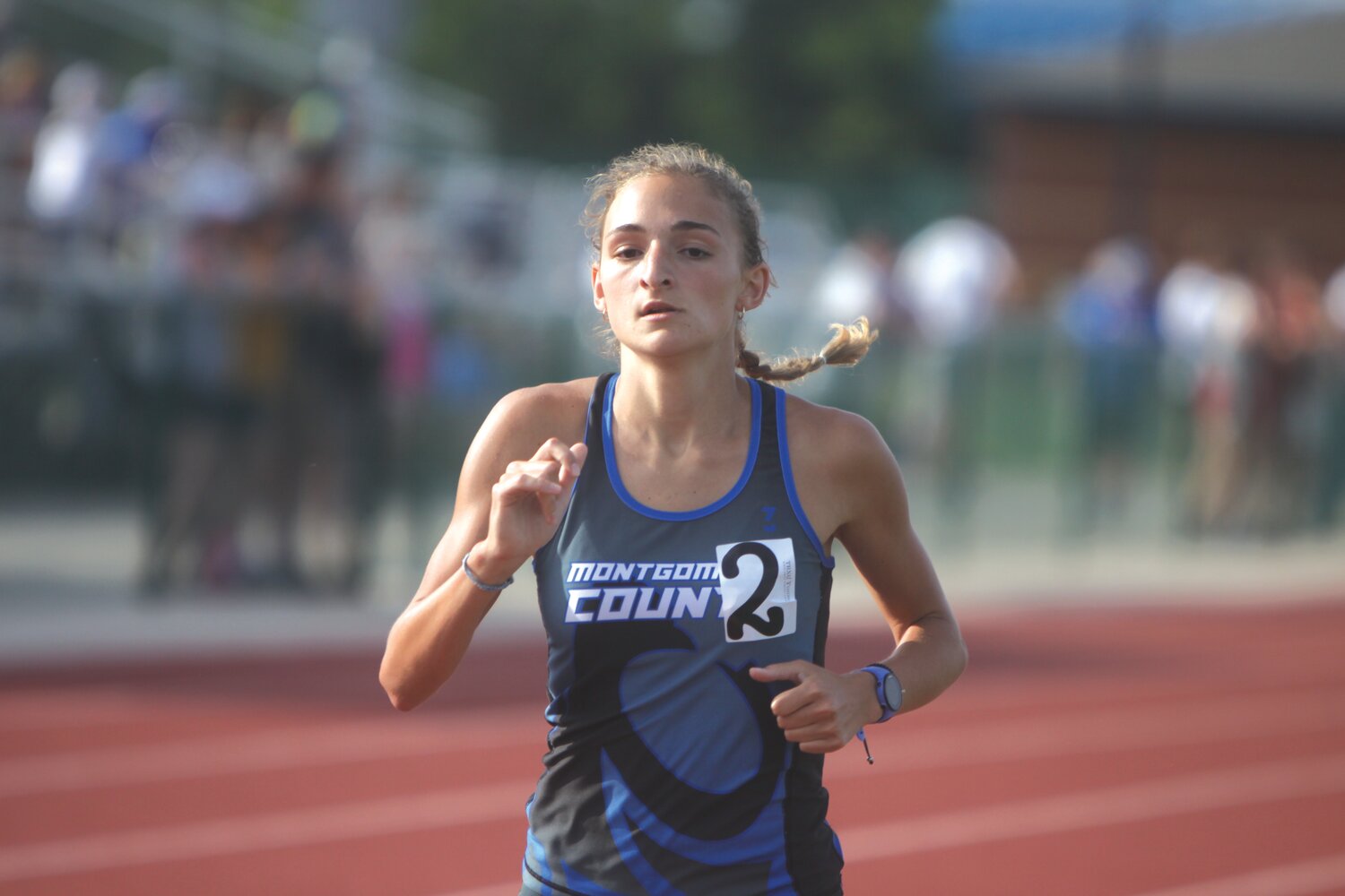 Montgomery County senior Lyric Ford competes in the 800 at the Class 3, District 4 championship meet at North Point High School on May 13. Ford won the 800 and 1,600 and helped the 3,200-meter relay team place second.