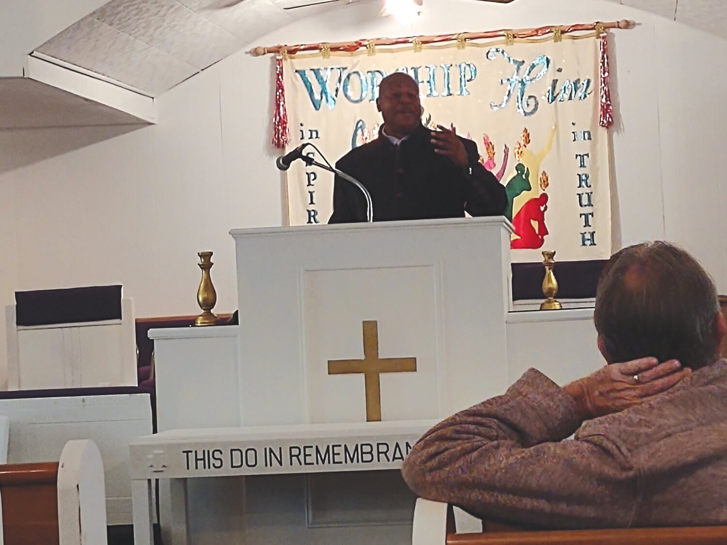 Reverend Demetrice Bell preaches to the congregation during morning service at St. John White Chapel Baptist Church on Oct. 15. The Montgomery City church held its first service in three years.