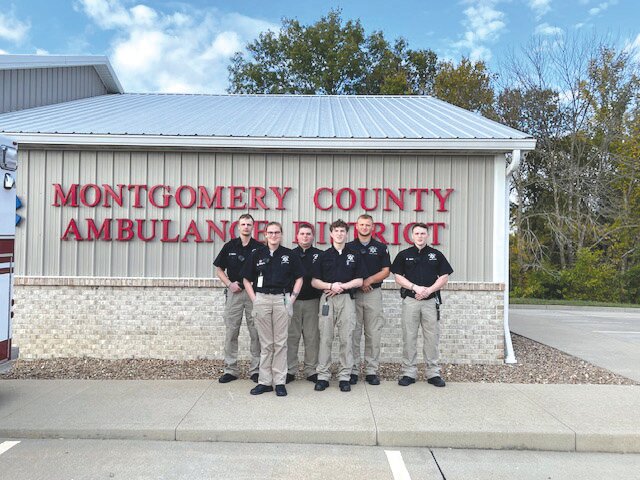 Graduates from the Missouri Sheriff’s Association 48-hour Jail Academy pose in front of the Montgomery County Ambulance District. They were Ben Rajchart of Montgomery County, Ashton Dyke of Van-Far High School, Monica Bourne, Zachary Kirks, Brian Hawkins and Daniel Gerloff.