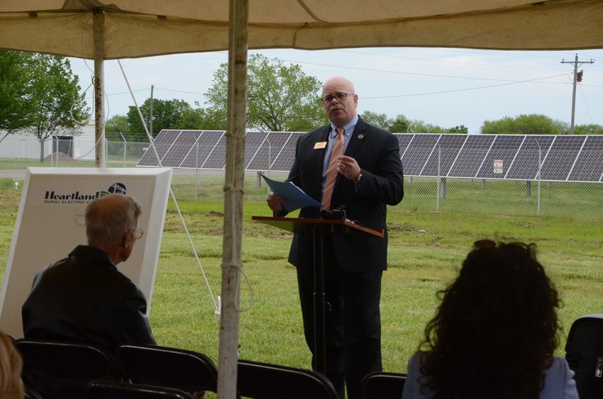 Bill Murphy, deputy secretary for the Kansas Department of Commerce, speaks in front of a new solar array at the Southeast Kansas Education Service Center at Greenbush at an event Tuesday, May 11, to &amp;quot;flip the switch&amp;quot; on the solar farm.