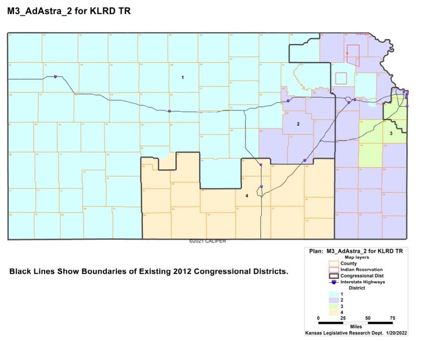 The Ad Astra 2 Map, showing new congressional district boundaries for Kansas in color, along with previous boundaries outlined in black.