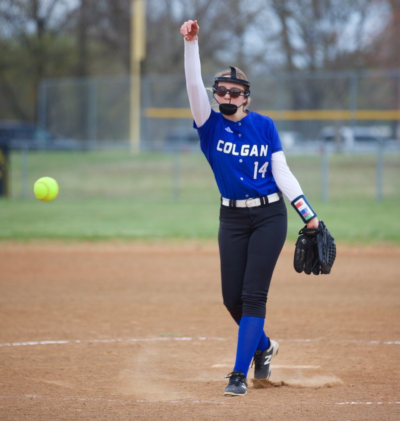 Colgan senior pitcher Emily Imhof delivers one of her two strikeouts in the opening game of a doubleheader against Baxter Springs on Tuesday at Cheryl Stice Field.