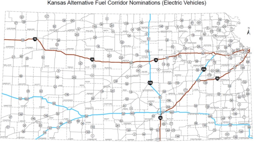 Proposed routes to install electric charging stations throughout the State of Kansas&nbsp;