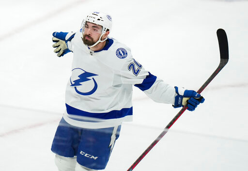 Tampa Bay Lightning forward Nicholas Paul celebrates his second goal of the night against the Toronto Maple Leafs, during the second period in Game 7 of a first-round series in the NHL hockey Stanley Cup playoffs Saturday, May 14, 2022, in Toronto. (Nathan Denette/The Canadian Press via AP)
