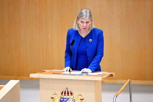 Prime Minister Magdalena Andersson talks during the parliamentary debate on the Swedish application for NATO membership, in Stockholm, Monday, May 16, 2022. Finland and Sweden have signaled their intention to join NATO over Russia&rsquo;s war in Ukraine and things will move fast once they formally apply for membership in the world&rsquo;s biggest security alliance. Russian President Vladimir Putin has already made clear that there would be consequences if the two Nordic countries join. (Henrik Montgomery/TT News Agency via AP)