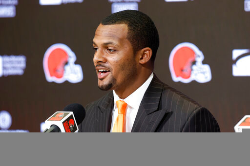 FILE - Cleveland Browns new quarterback Deshaun Watson speaks during a news conference at the NFL football team's training facility, March 25, 2022, in Berea, Ohio. NFL officials will meet this week with Cleveland Browns quarterback Deshaun Watson as the league continues to investigate whether he violated its personal-conduct policy, a person familiar with the plans told The Associated Press on Monday, May 16, 2022. (AP Photo/Ron Schwane, File)