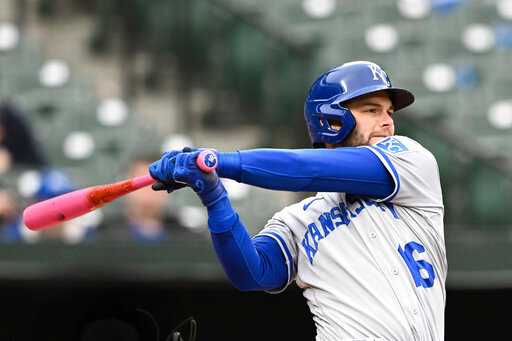 Kansas City Royals' Andrew Benintendi takes an at-bat in the second game of a baseball doubleheader against the Baltimore Orioles, Sunday, May 8, 2022, in Baltimore. (AP Photo/Gail Burton)