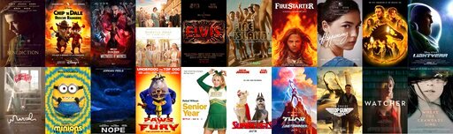 This combination of photos shows poster art for upcoming films, top row from left, &quot;Benediction,&quot; &quot;Chip &lsquo;n Dale: Rescue Rangers,&quot; &quot;Doctor Strange in the Multitude of Madness,&quot; &quot;Downton Abbey: A New Era,&quot; &quot;Elvis,&quot; &quot;Fire Island,&quot; &quot;Firestarter,&quot; &quot;Happening,&quot; &quot;Jurassic World Dominion,&quot; &quot;Lightyear,&quot; bottom row from left, &quot;Marcel the Shell with Shoes On,&quot; &quot;Minions: The Rise of Gru,&quot; &quot;Nope,&quot; &quot;Paws of Fury,&quot; &quot;Senior Year,&quot; &quot;DC League of Super Pets,&quot; &quot;Thor: Love and Thunder,&quot; &quot;Top Gun Maverick,&quot; &quot;Watcher,&quot; and Where the Crawdads Sing.&quot; (Roadside Attractions, top row from left, Disney+, Marvel Studios, Focus Features, Warner Bros., Hulu/Searchlight Pictures, Universal, IFC Films, Universal, Disney, top row from left, A24 Films, Universal, Universal, Paramount, Netflix, Warner Bros., Marvel Studios, Paramount, IFC Films and Sony Pictures via AP)