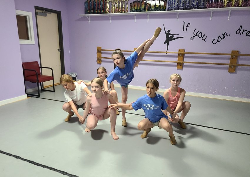 From left: Emerson Albright, Lundun Hickman, Brynlee Elrod, Audrina Streeter, Brynn Sukraw and Presley Seiwert rehearse their lyrical dance, &ldquo;For a Dancer,&rdquo; for their upcoming recital on Saturday, May 28.