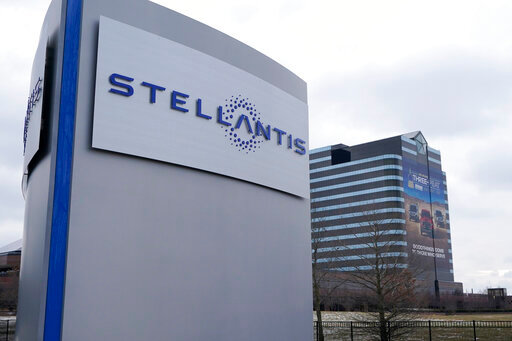 FILE - The Stellantis sign is seen outside the Chrysler Technology Center, in Auburn Hills, Mich. Automaker Stellantis has scheduled an announcement for Tuesday, May 24, 2022, in Kokomo, Ind., for what could be the company's second North American electric vehicle battery factory. (AP Photo/Carlos Osorio, File)