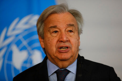 FILE - The Secretary-General of the United Nations, Antonio Guterres, addresses the media during a joint press conference with the President of Austria, Alexander Van der Bellen, in Vienna, Austria, Wednesday, May 11, 2022. Guterres is on Wednesday, May 18 launching a five-point plan to jump-start broader use of renewable energies as the U.N. weather agency reported that greenhouse gas concentrations, ocean heat, sea-level rise, and ocean acidification hit new records last year. (AP Photo/Theresa Wey, file)