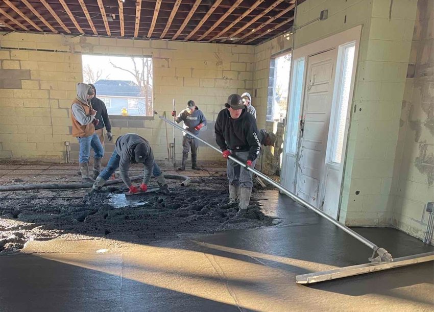 Renovations to the Carver League building involved both Pittsburg State construction students and outside contractors. The project involved a wide variety of work, including pouring a new concrete slab foundation, shown here.