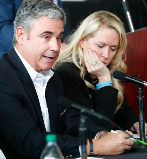 Parkland parent Tom Hoyer, speaks during to the Marjory Stoneman Douglas High School Public Safety Commission as his wife Gena, right, looks on, April 10, 2019, in Sunrise, Fla. Hoyer stood outside the Fort Lauderdale courtroom Wednesday, May 25, 2022 where jury selection is underway in the penalty phase of the gunman who killed his son Luke and 16 others at Marjory Stoneman Douglas High School in 2018. He said it's &ldquo;heartbreaking&quot; to think about what happened Tuesday at Robb Elementary School in Uvalde, Texas. An 18-year-old gunman killed 19 students and two teachers. (AP Photo/Wilfredo Lee)
