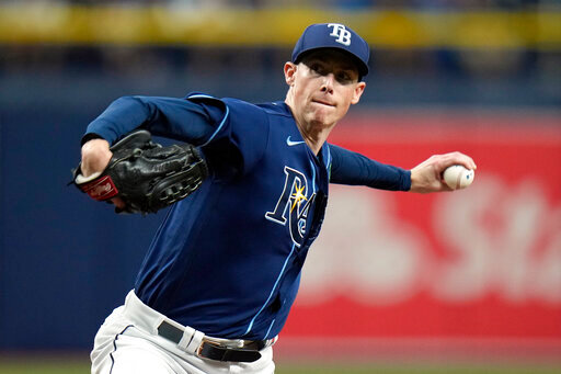 Tampa Bay Rays relief pitcher Ryan Yarbrough delivers to the New York Yankees during the first inning of a baseball game Thursday, May 26, 2022, in St. Petersburg, Fla. (AP Photo/Chris O'Meara)
