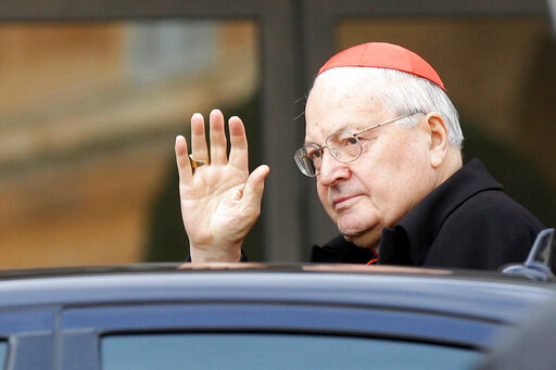 FILE - Cardinal Angelo Sodano arrives for a meeting at the Vatican, Friday, March 8, 2013. Sodano, a once-powerful Italian prelate who long served as the Vatican's No. 2 official, has died on Friday, May 27, 2022. He was 94. (AP Photo/Alessandra Tarantino, File)