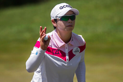 Eun-Hee Ji waves to the gallery on the fourth hole during the quarterfinals of the LPGA Bank of Hope Match Play golf tournament at Shadow Creek on Saturday, May 28, 2022, in North Las Vegas, Nev. (Benjamin Hager/Las Vegas Review-Journal via AP)