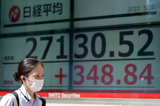 A woman wearing a protective mask walks in front of an electronic stock board showing Japan's Nikkei 225 index at a securities firm Monday, May 30, 2022, in Tokyo. Asian stocks rose Monday after Wall Street rebounded from a seven-week string of declines and China eased anti-virus curbs on business activity in Shanghai and Beijing. (AP Photo/Eugene Hoshiko)