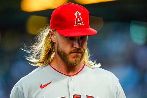 Los Angeles Angels starting pitcher Noah Syndergaard reacts as he leaves during the third inning of a baseball game against the New York Yankees Tuesday, May 31, 2022, in New York. (AP Photo/Frank Franklin II)
