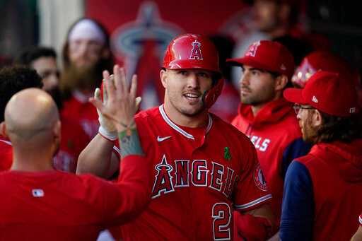 Los Angeles Angels' Mike Trout (27) celebrates in the dugout after scoring off of a single hit by Jared Walsh during the first inning of a baseball game against the Tampa Bay Rays in Anaheim, Calif., Tuesday, May 10, 2022. (AP Photo/Ashley Landis)