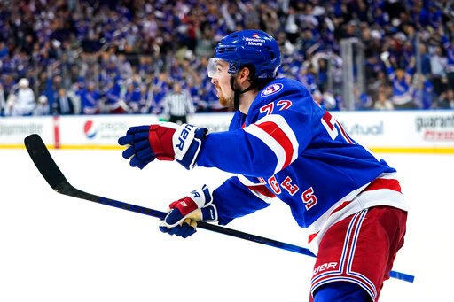 New York Rangers' Filip Chytil celebrates goal against the Tampa Bay Lightning during the second period of Game 1 of the NHL hockey Stanley Cup playoffs Eastern Conference finals Wednesday, June 1, 2022, in New York. (AP Photo/Frank Franklin II)