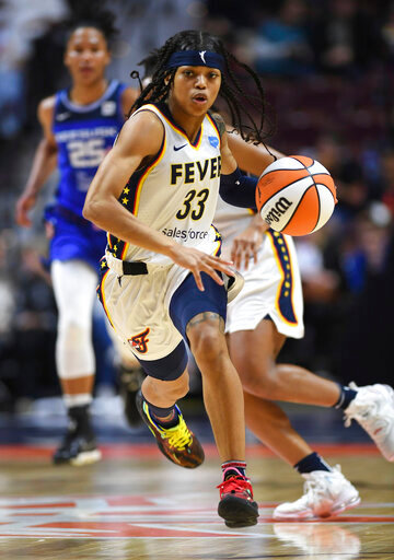 Indiana Fever guard Destanni Henderson (33) leads the fast break against the Connecticut Sun during a WNBA basketball game Friday, May 20, 2022, in Uncasville, Conn. (Sean D. Elliot/The Day via AP)